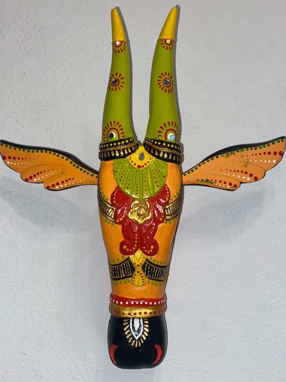 Hand-Painted Wooden Animal Mask in Bright Orange & Lime